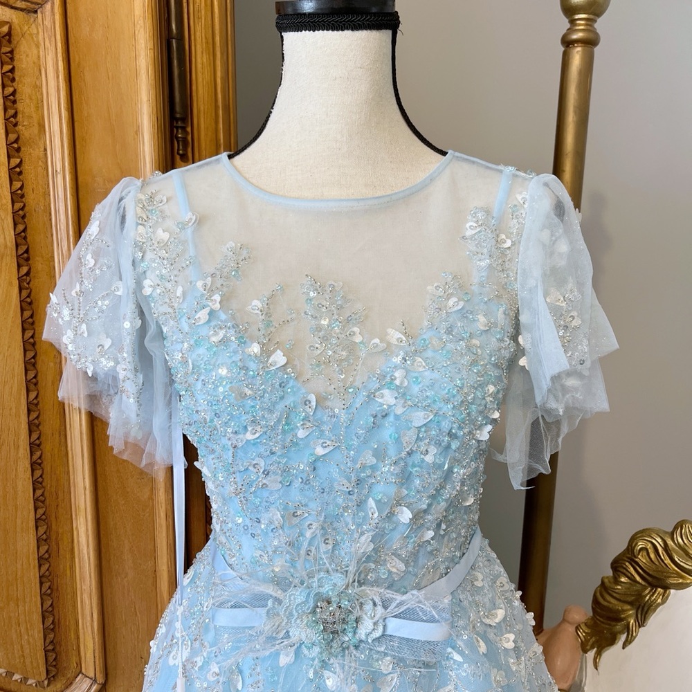 Mac Duggal [2] 20362 Embellished A Line Gown Flutter Feathers Baby Blue princess - Picture 3 of 8